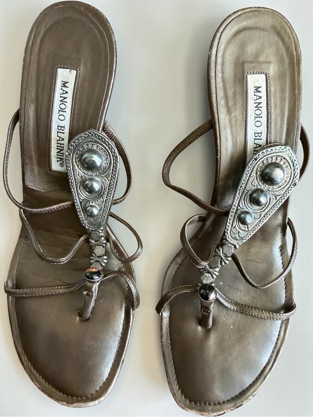 Manolo Blahnik Bronze Leather Strappy Sandals with Silver-Tone Embellishments 38